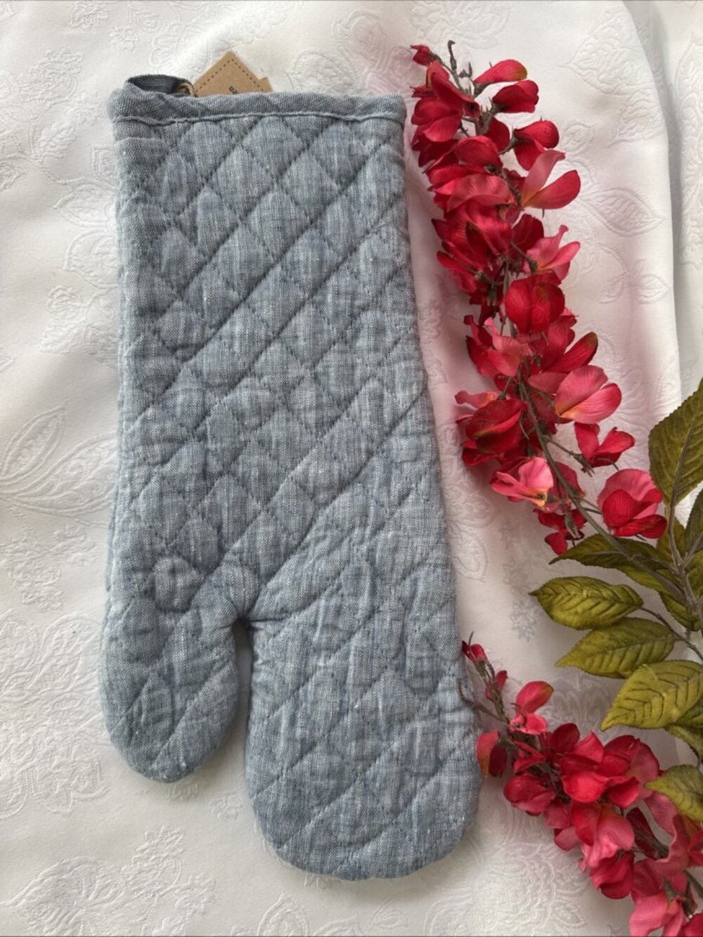Vikolino Blue Gray Linen Quilted Oven Glove Machine Washable 12.5" x 7" NEW